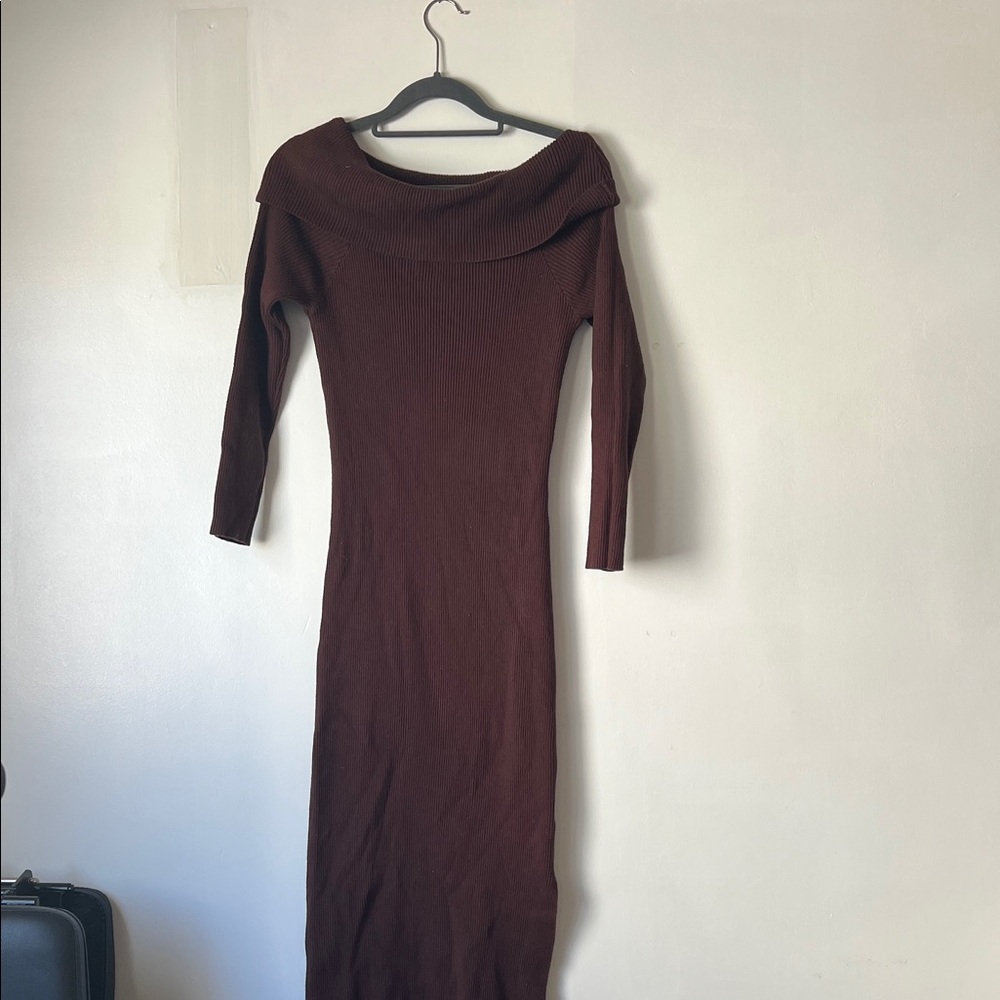 Anthropologie Long Sleeve Off Shoulder Brown Sweater Dress Size MP